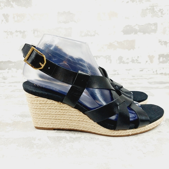 NEW Cole Haan Crystal Black Leather Buckle Sling Back Summer Wedge Sandals H328 - Picture 6 of 14